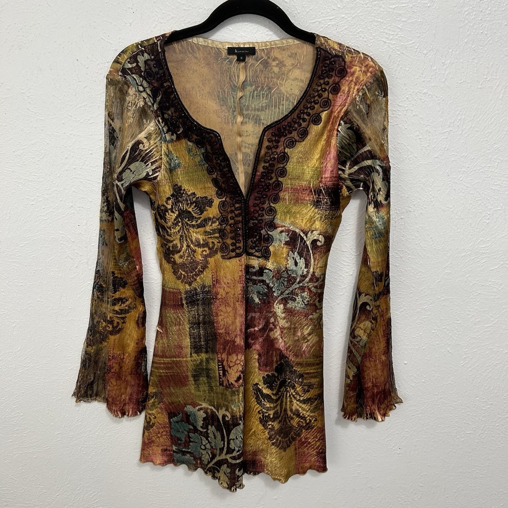 Komarov Crinkle Abstract Print Mesh Satin Blouse Size S Brown Fairy Grunge Artsy
